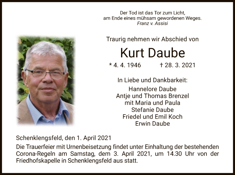  Traueranzeige für Kurt Daube vom 01.04.2021 aus HZ