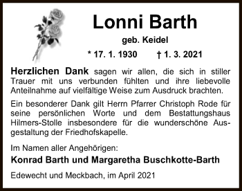 Traueranzeige von Lonni Barth von HZ