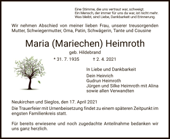 Traueranzeige von Maria Heimroth von HZ