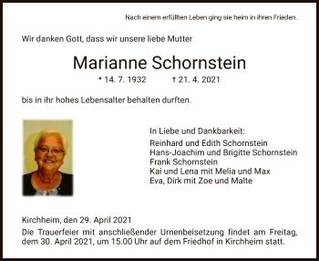 Traueranzeige von Marianne Schornstein von HZ