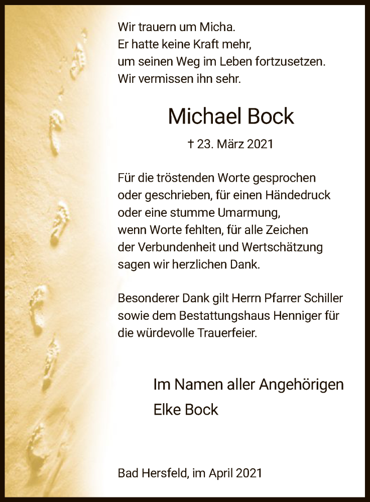  Traueranzeige für Michael Bock vom 24.04.2021 aus HZ