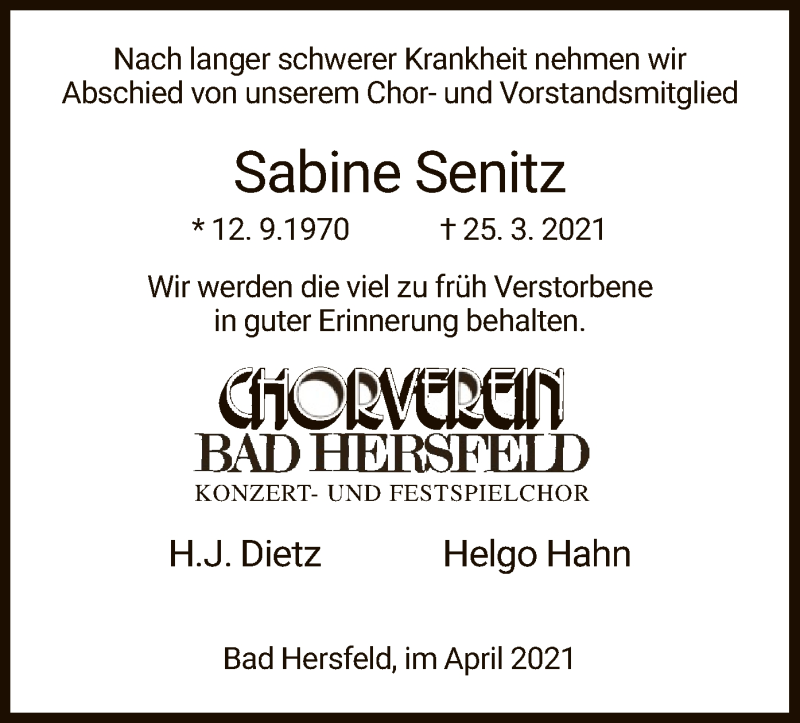  Traueranzeige für Sabine Senitz vom 10.04.2021 aus HZ