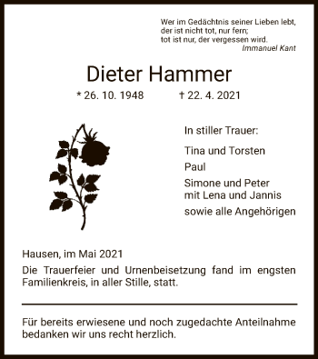 Traueranzeige von Dieter Hammer von HZ