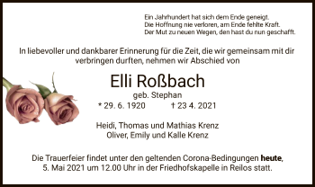 Traueranzeige von Elli Roßbach von HZ