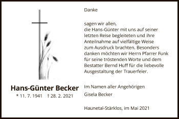 Traueranzeige von Hans-Günter Becker von HZ