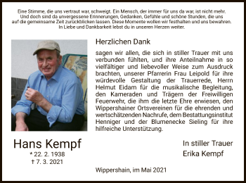 Traueranzeige von Hans Kempf von HZ