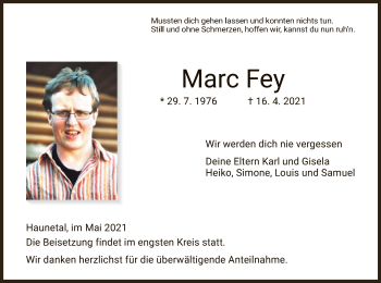 Traueranzeige von Marc Fey von HZ