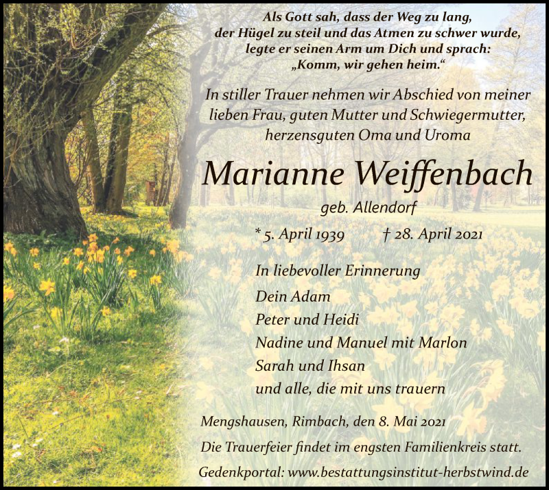 Traueranzeige für Marianne Weiffenbach vom 08.05.2021 aus HZ