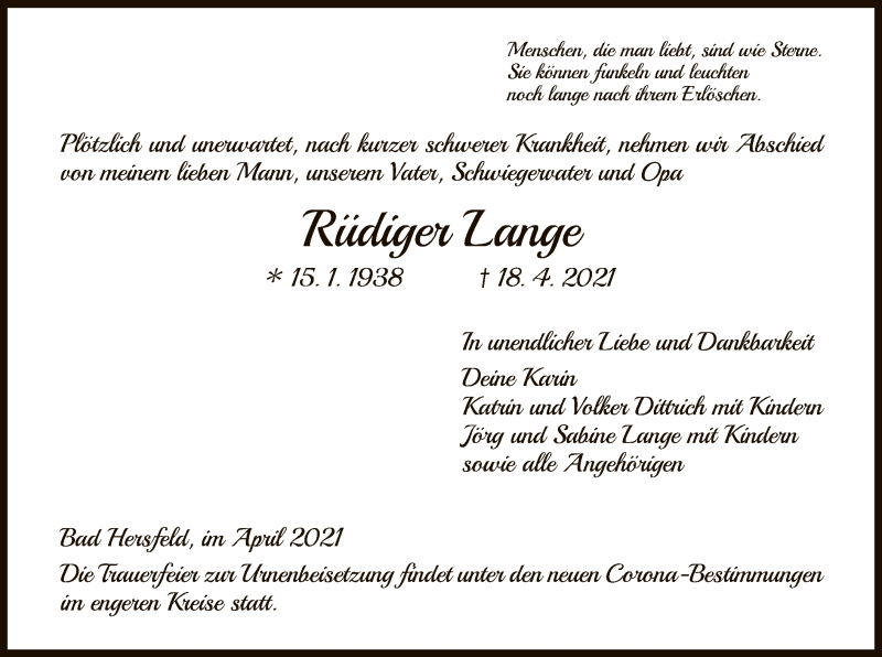  Traueranzeige für Rüdiger Lange vom 01.05.2021 aus HZ
