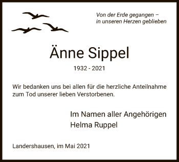 Traueranzeige von Änne Sippel von HZ