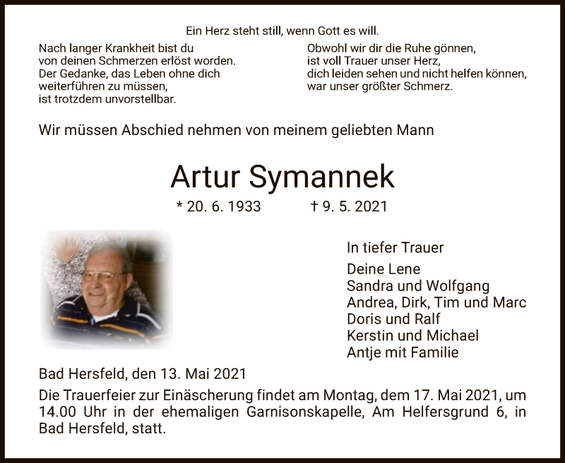  Traueranzeige für Artur Symannek vom 13.05.2021 aus HZ