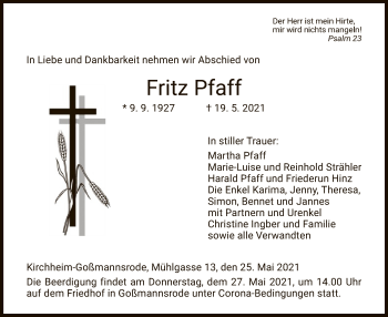 Traueranzeige von Fritz Pfaff von HZ