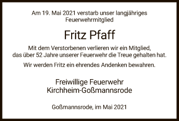 Traueranzeige von Fritz Pfaff von HZ