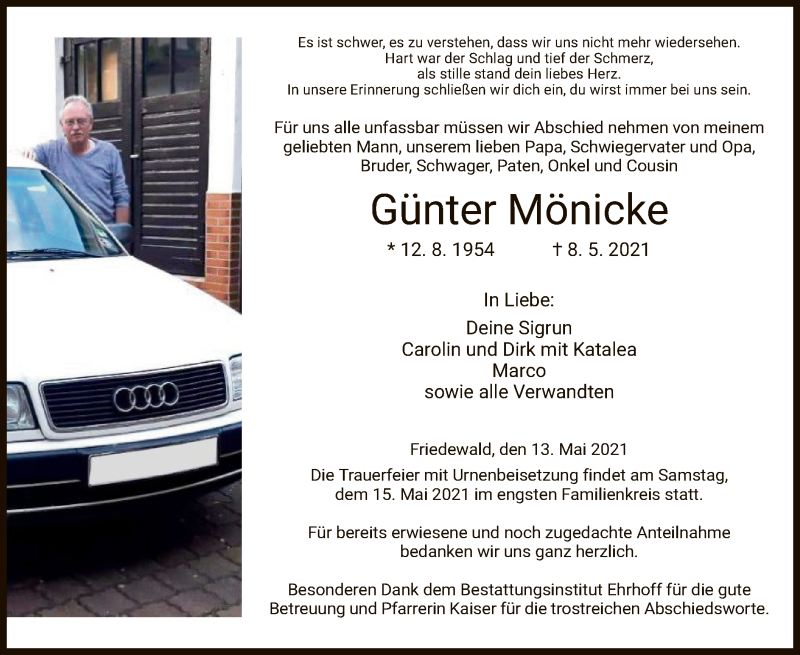  Traueranzeige für Günter Mönicke vom 13.05.2021 aus HZ