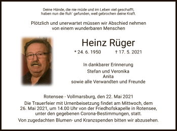 Traueranzeige von Heinz Rüger von HZ