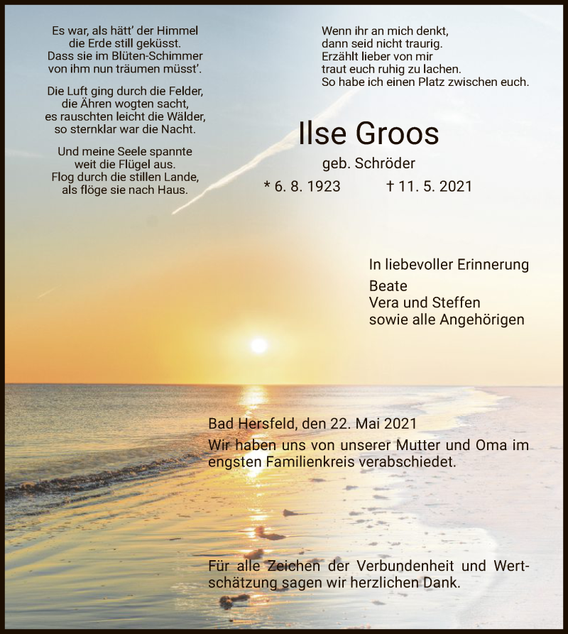  Traueranzeige für Ilse Groos vom 22.05.2021 aus HZ