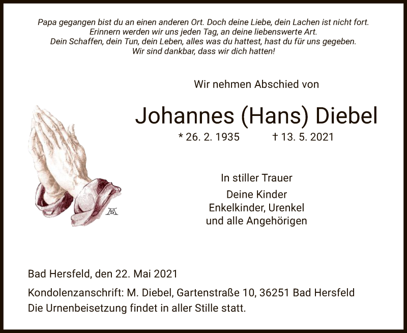  Traueranzeige für Johannes Diebel vom 22.05.2021 aus HZ