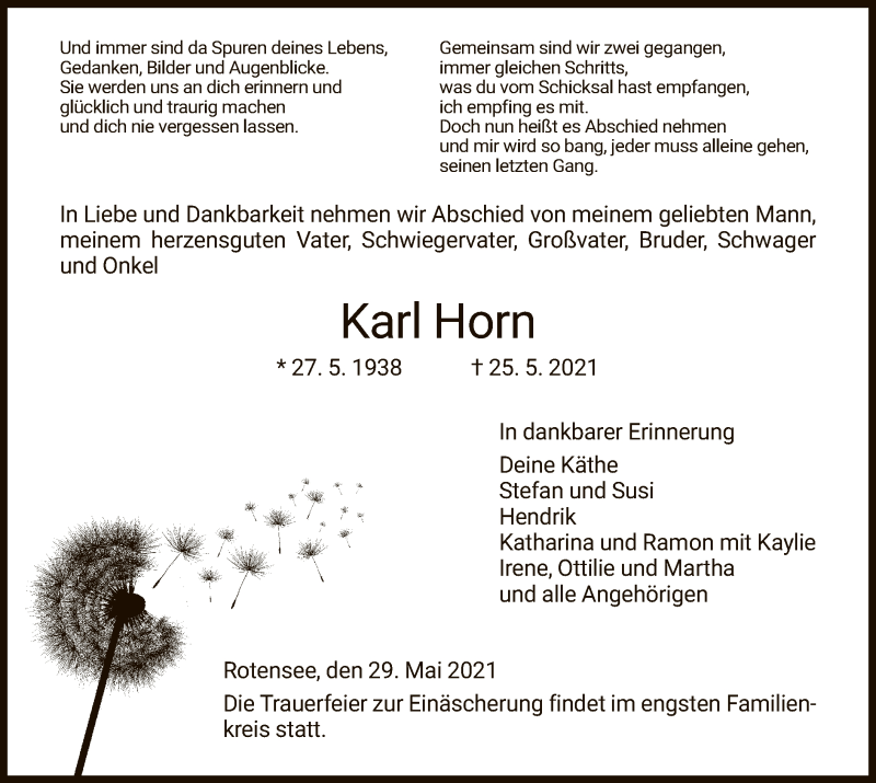  Traueranzeige für Karl Horn vom 29.05.2021 aus HZ