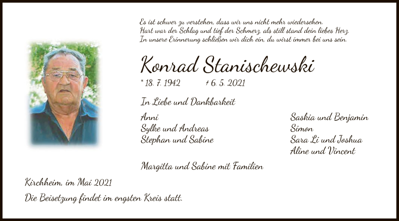  Traueranzeige für Konrad Stanischewski vom 11.05.2021 aus HZ