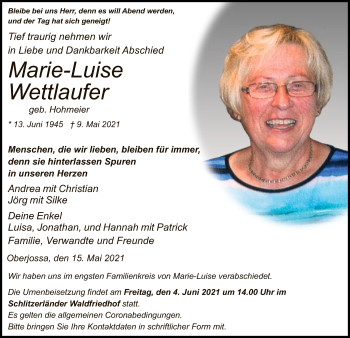 Traueranzeige von Marie-Luise Wettlaufer von HZ