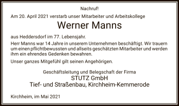 Traueranzeige von Werner Manns von HZ