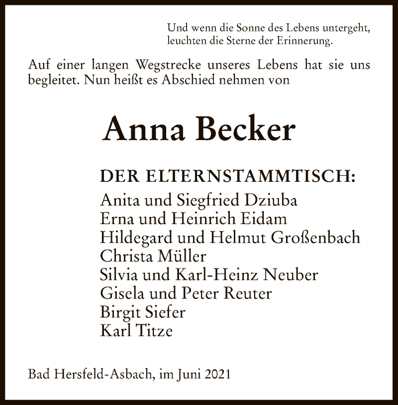  Traueranzeige für Anna Becker vom 05.06.2021 aus HZ