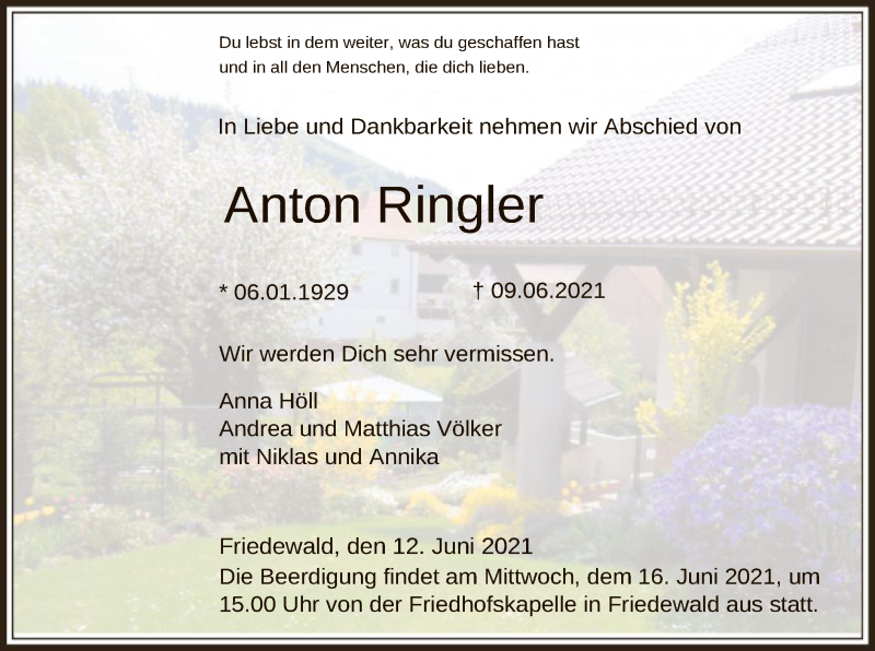  Traueranzeige für Anton Ringler vom 12.06.2021 aus HZ