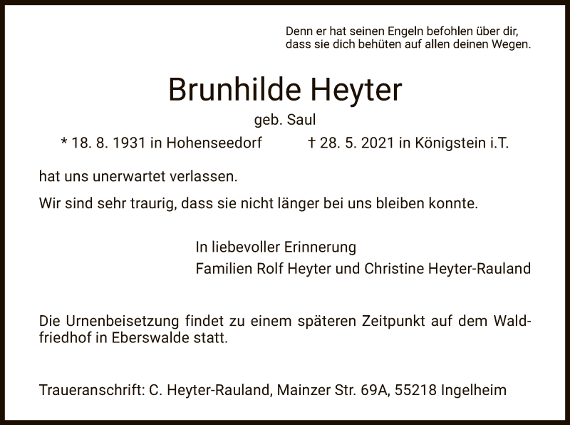  Traueranzeige für Brunhilde Heyter vom 05.06.2021 aus HZ