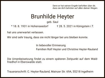 Traueranzeige von Brunhilde Heyter von HZ