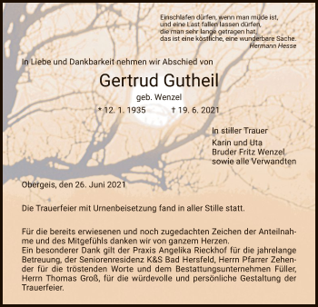 Traueranzeige von Gertrud Gutheil von HZ