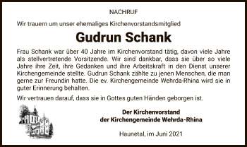 Traueranzeige von Gudrun Schank von HZ