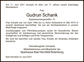 Traueranzeige von Gudrun Schank von HZ