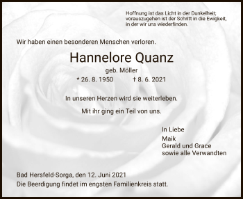 Traueranzeige von Hannelore Quanz von HZ