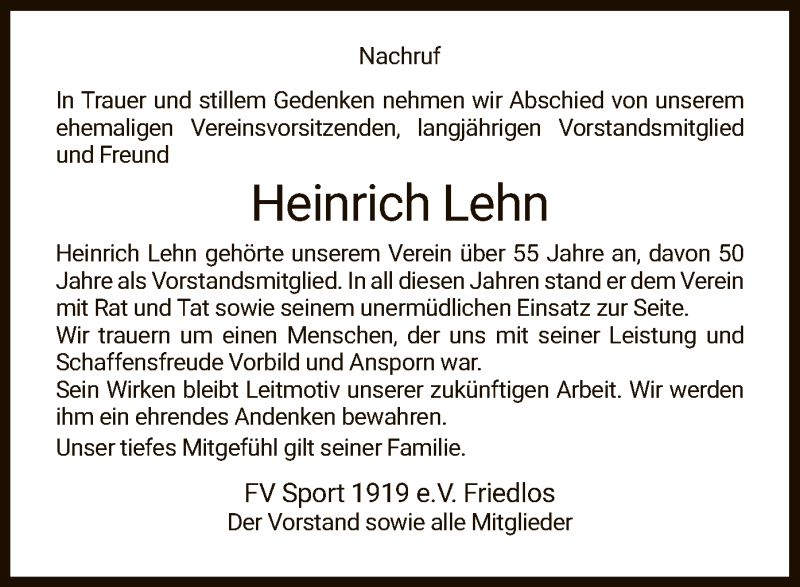  Traueranzeige für Heinrich Lehn vom 10.06.2021 aus HZ