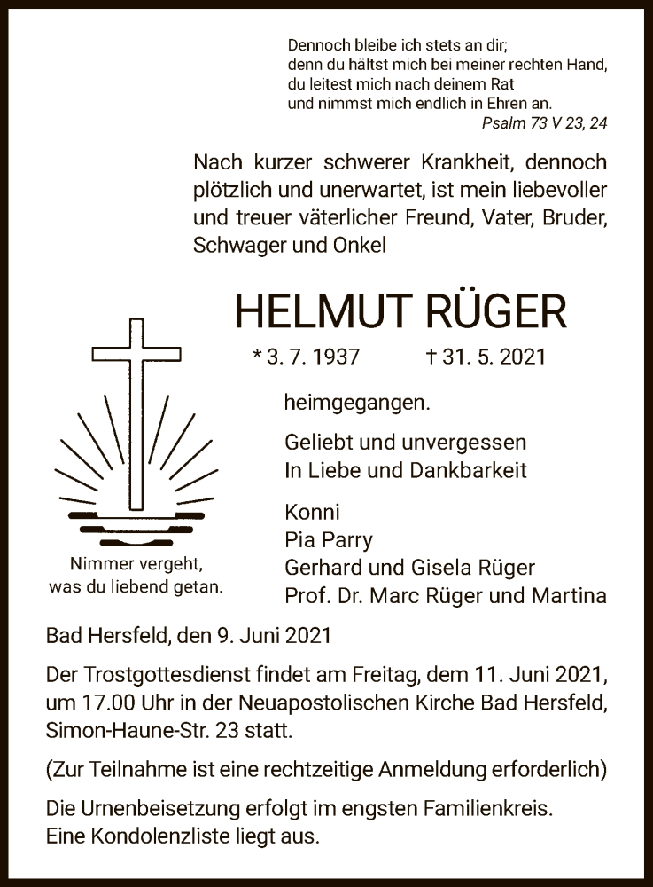  Traueranzeige für Helmut Rüger vom 09.06.2021 aus HZ