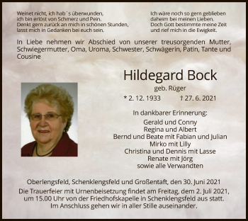 Traueranzeige von Hildegard Bock von HZ