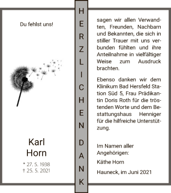 Traueranzeige von Karl Horn von HZ