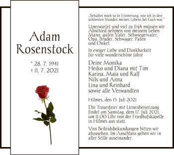 Traueranzeige von Adam Rosenstock von HZ