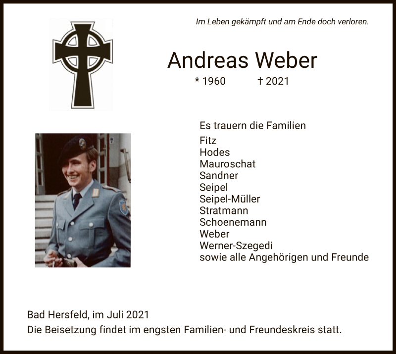 Traueranzeige für Andreas Weber vom 17.07.2021 aus HZ
