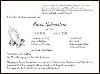 Traueranzeige von Anna Hohenstein von HZ