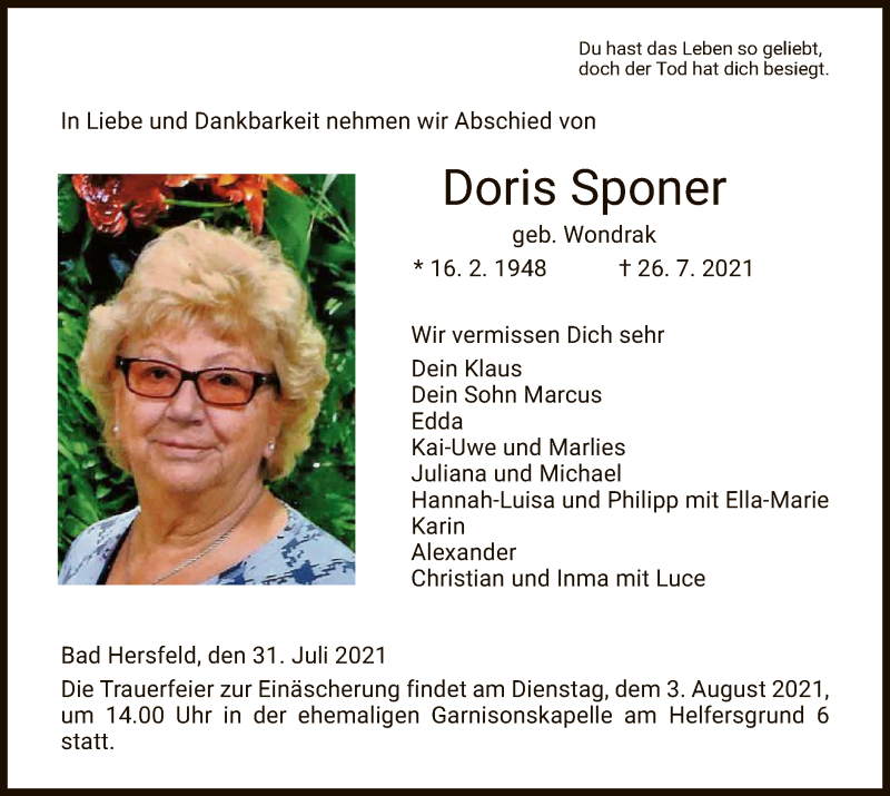  Traueranzeige für Doris Sponer vom 31.07.2021 aus HZ