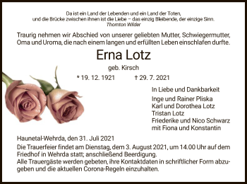 Traueranzeige von Erna Lotz von HZ