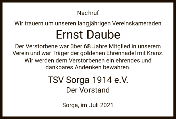 Traueranzeige von Ernst Daube von HZ