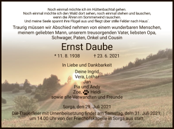 Traueranzeige von Ernst Daube von HZ