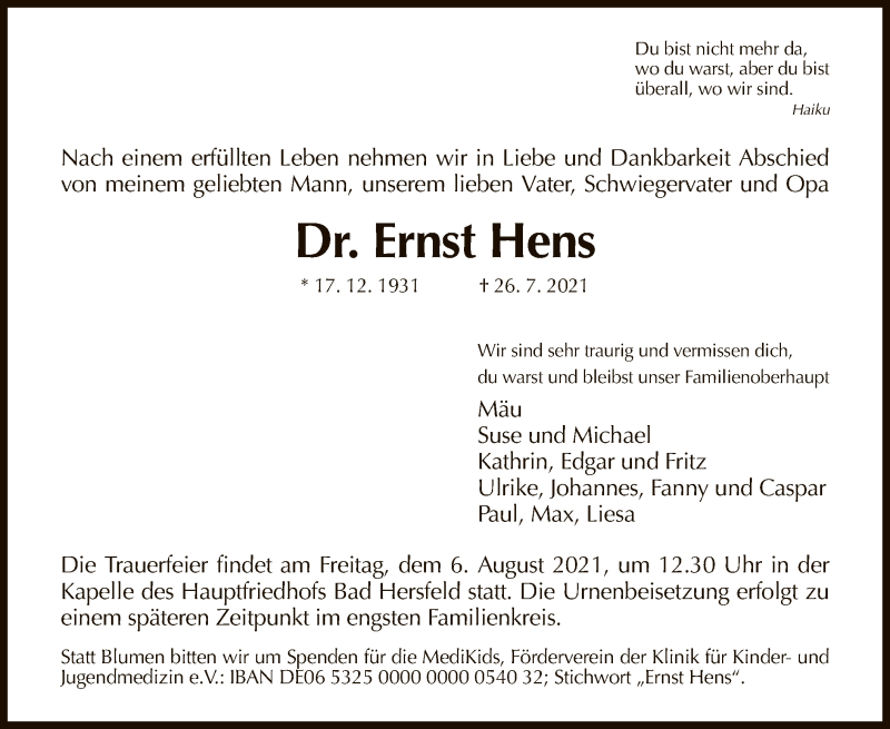  Traueranzeige für Ernst Hens vom 31.07.2021 aus HZ