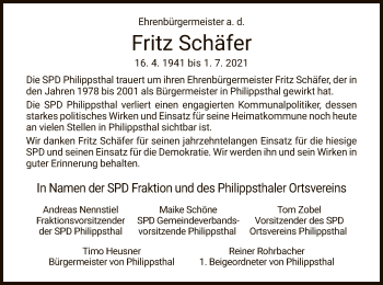 Traueranzeige von Fritz Schäfer von HZ
