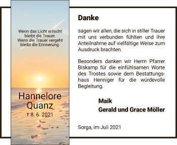 Traueranzeige von Hannelore Quanz von HZ