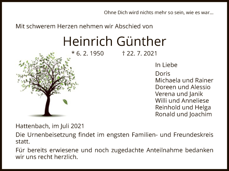  Traueranzeige für Heinrich Günther vom 24.07.2021 aus HZ