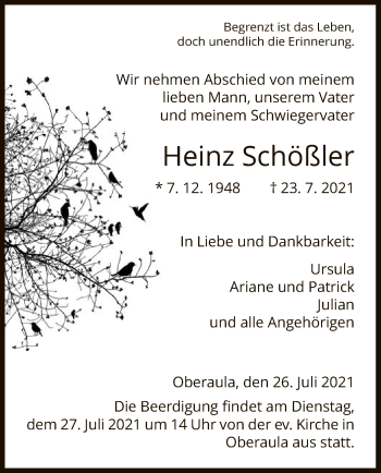 Traueranzeige von Heinz Schößler von HNA