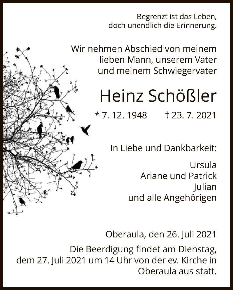  Traueranzeige für Heinz Schößler vom 26.07.2021 aus HNA